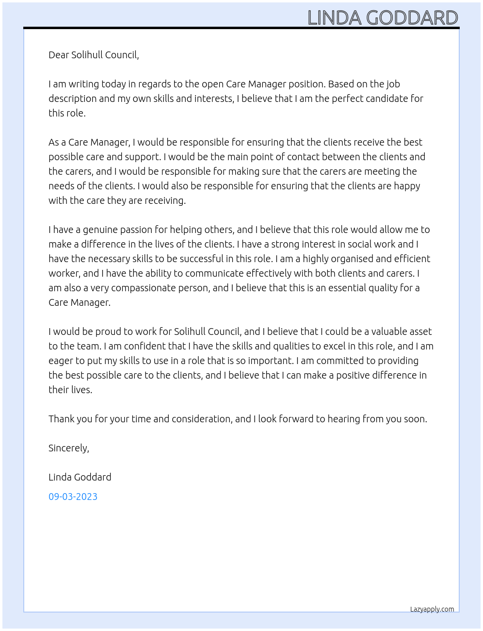 Care manager At Solihull council Cover Letter