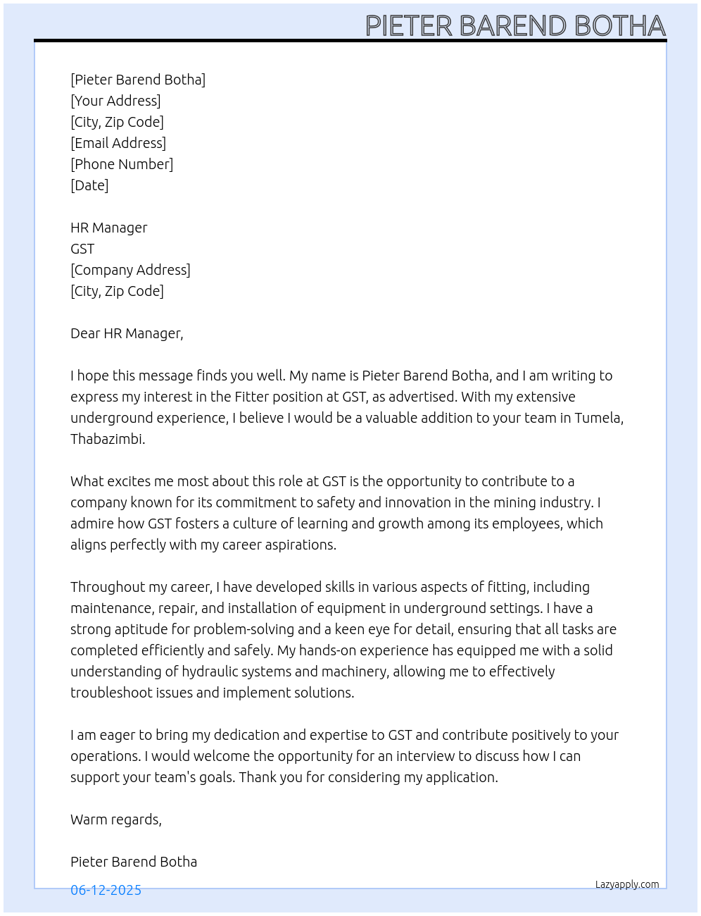 Fitter At GST Cover Letter