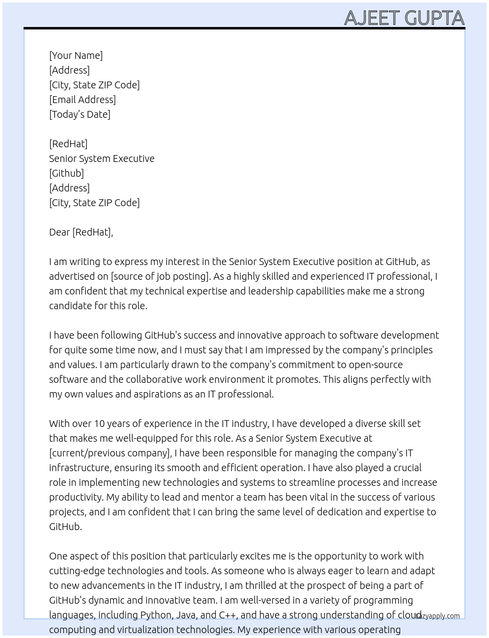 Senior system executive At GITHUB Cover Letter