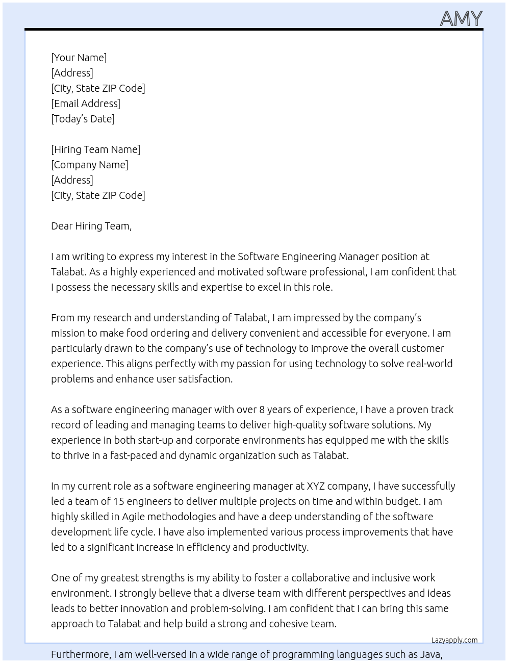 software engineering manager  At  talabat Cover Letter