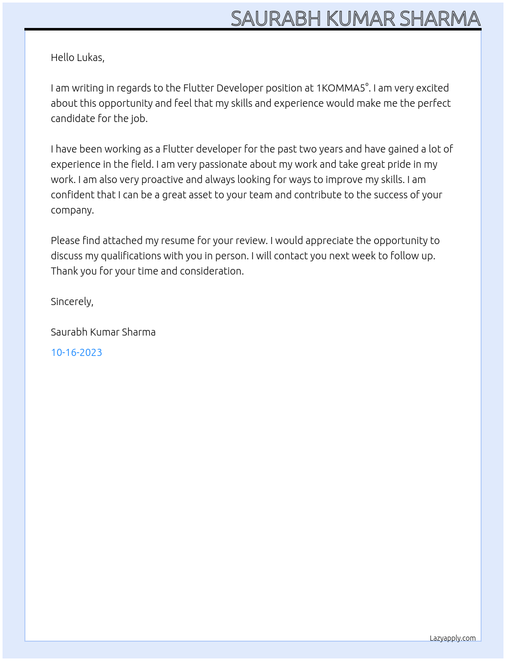 Flutter Developer At 1KOMMA5° Cover Letter