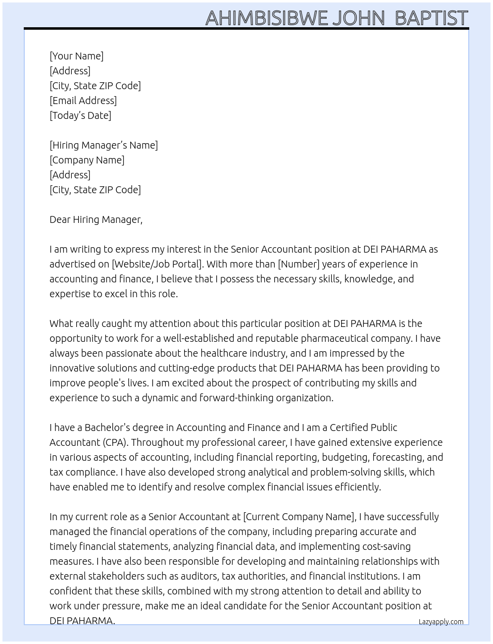 senior accountant At DEI PAHARMA Cover Letter