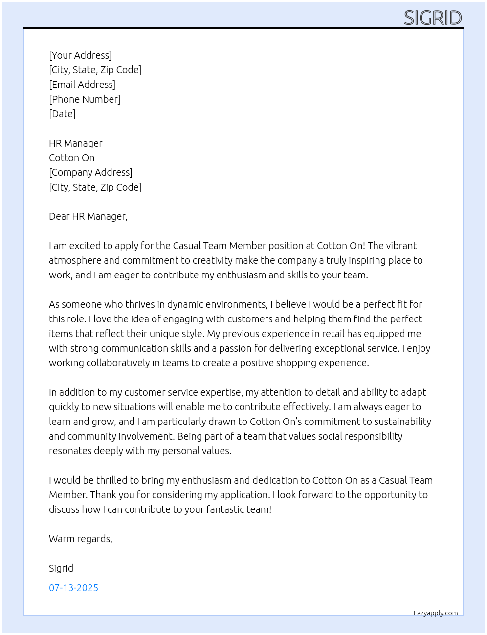 Casual Team Member At Cotton On Cover Letter