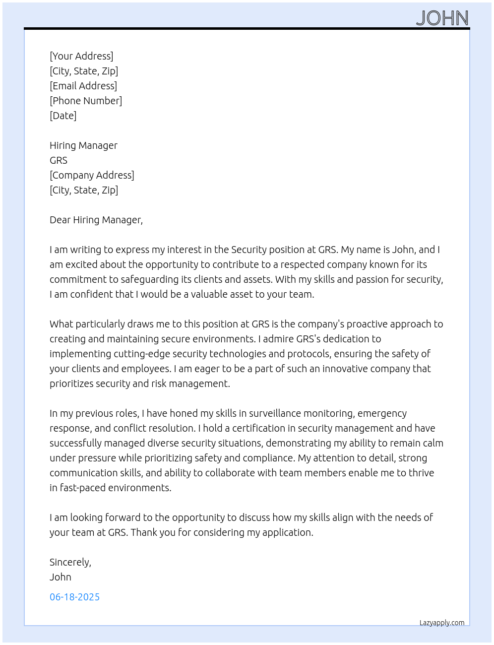 security At GRS Cover Letter