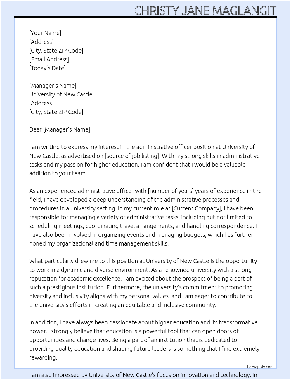 administrative officer At university of new castle Cover Letter