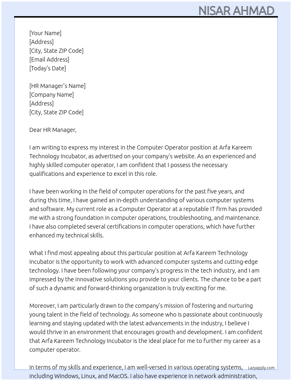 Computer operator At Arfa kareem technology incubator Cover Letter
