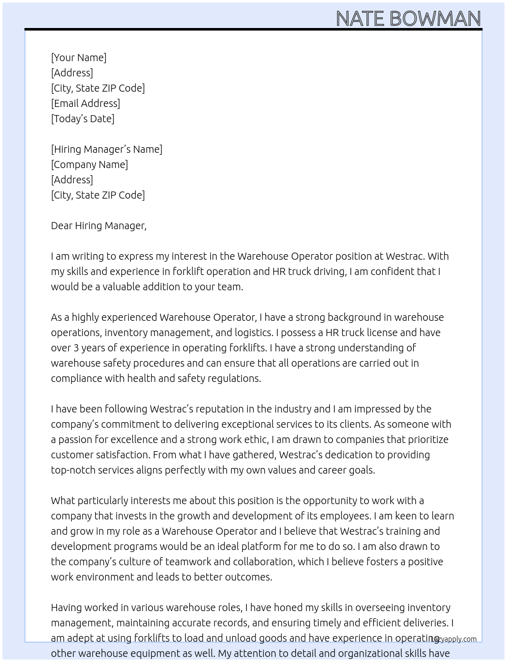 Warehouse operator At Westrac Cover Letter