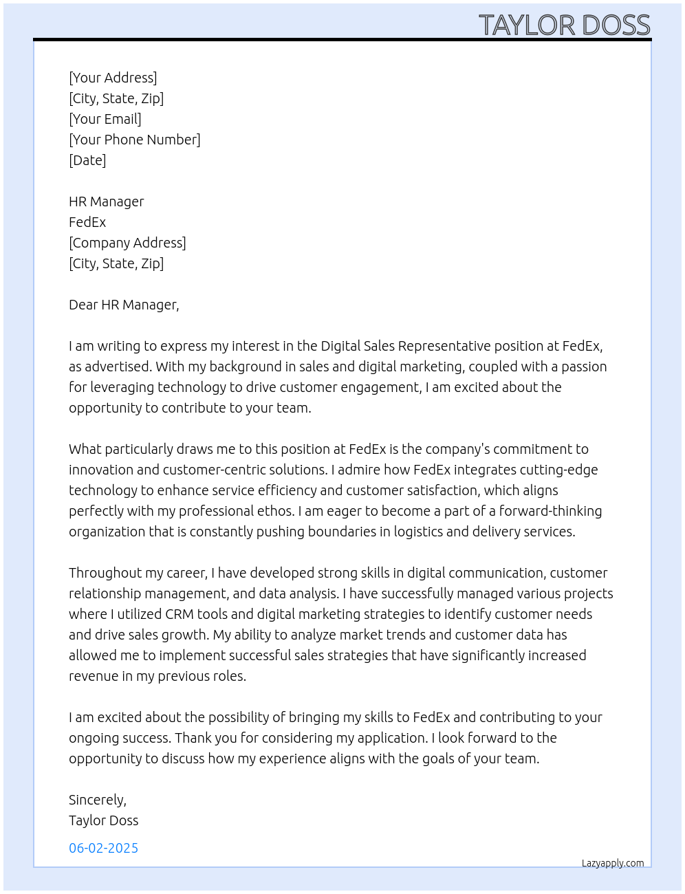 digital Sales rep At FedEx Cover Letter
