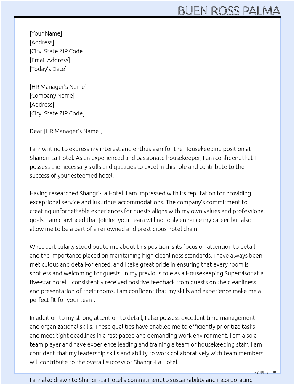 housekeeping At shangri la hotel Cover Letter