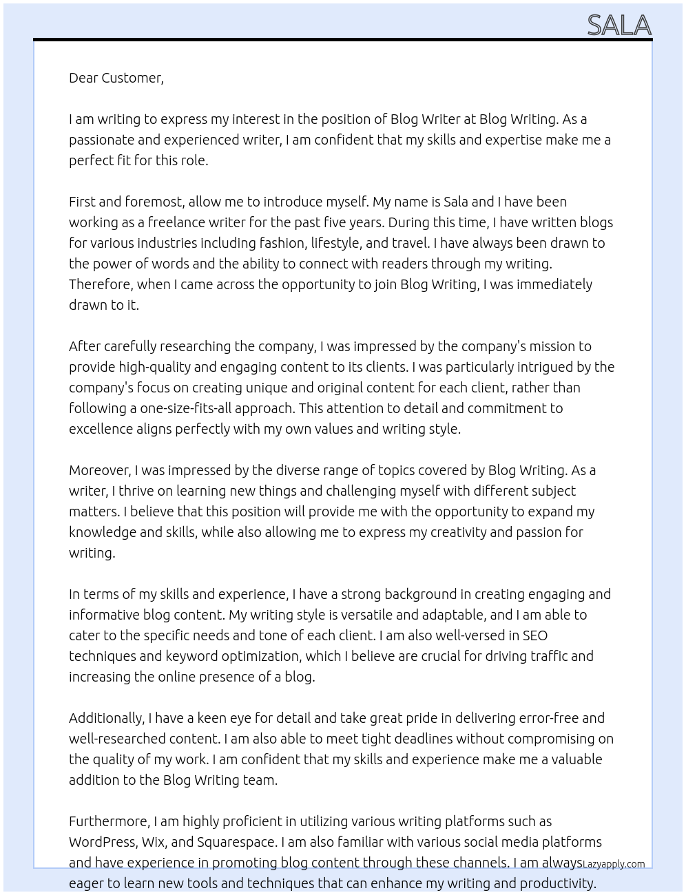 Blog writer At Blog writing Cover Letter