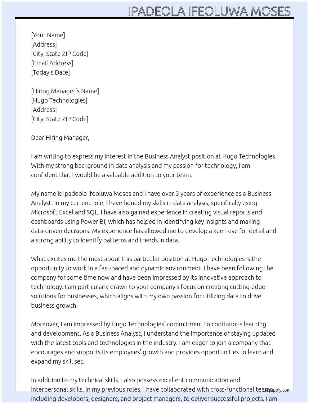 Business Analyst At Hugo Technologies Cover Letter