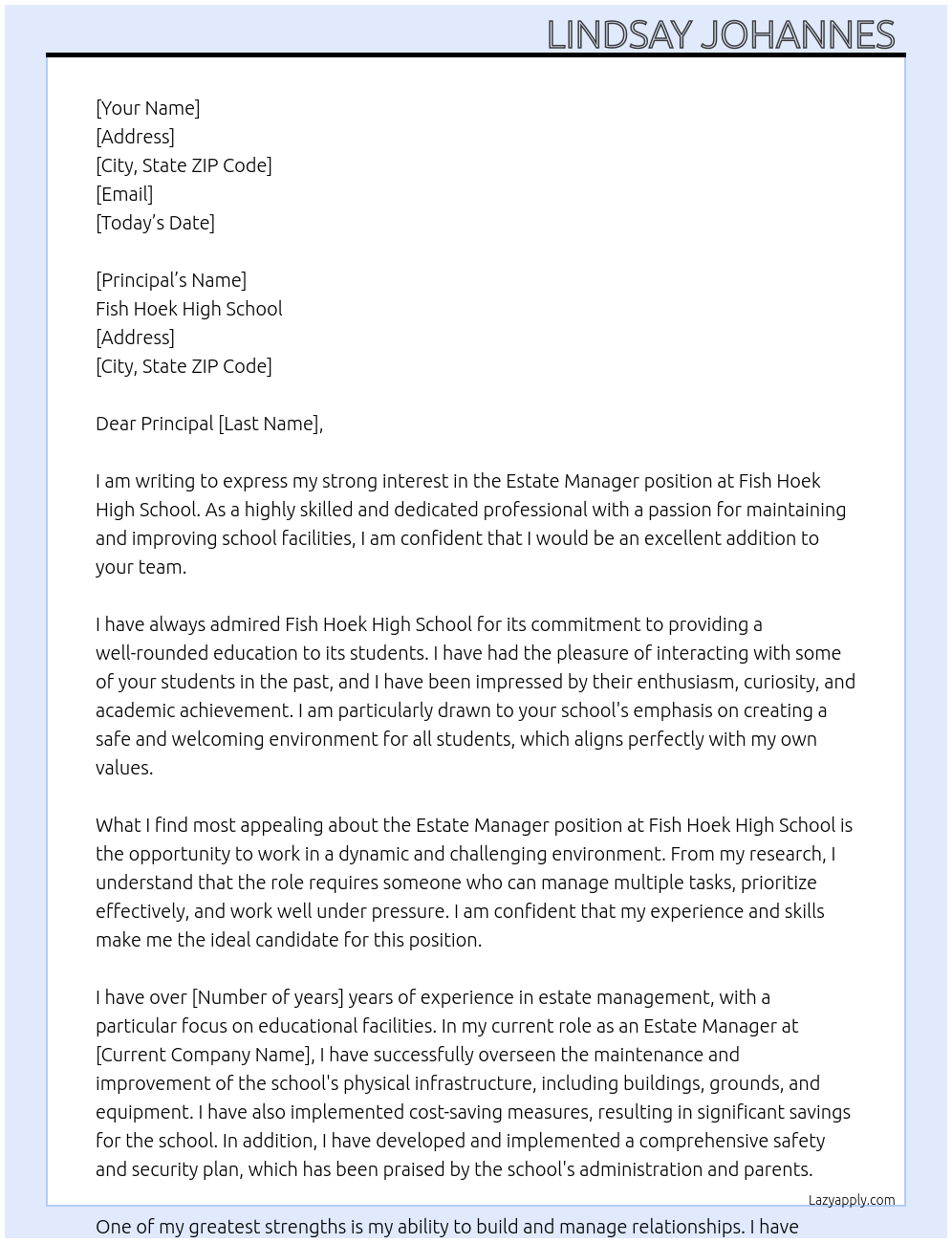 Estate manager At Fish Hoek High School Cover Letter