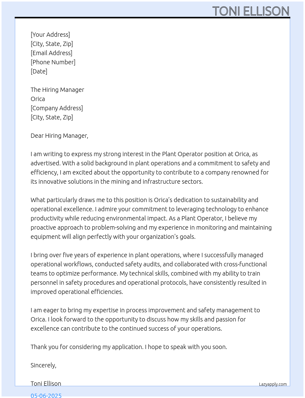 Plant Operator At Orica Cover Letter