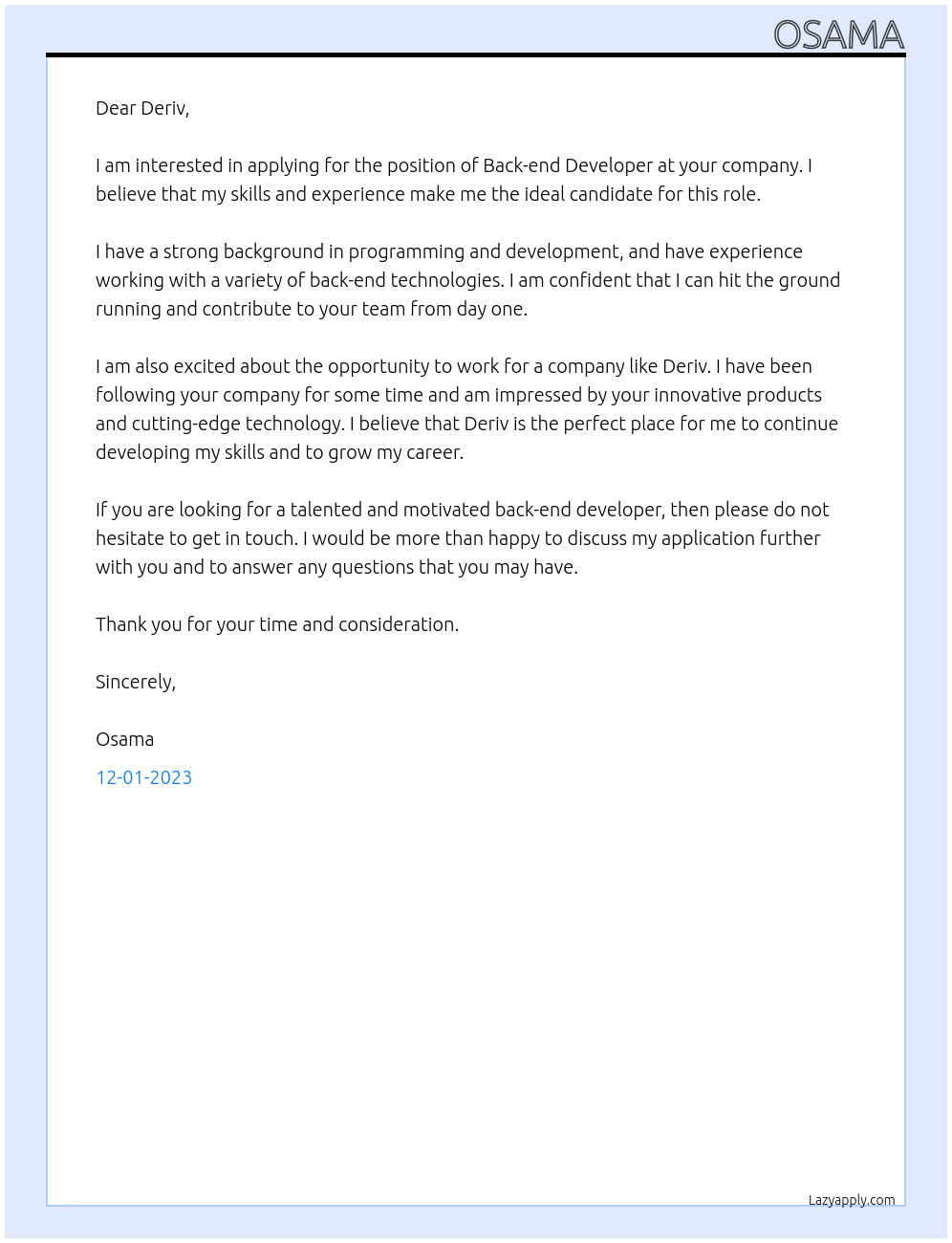 Back-end Developer At Deriv Cover Letter