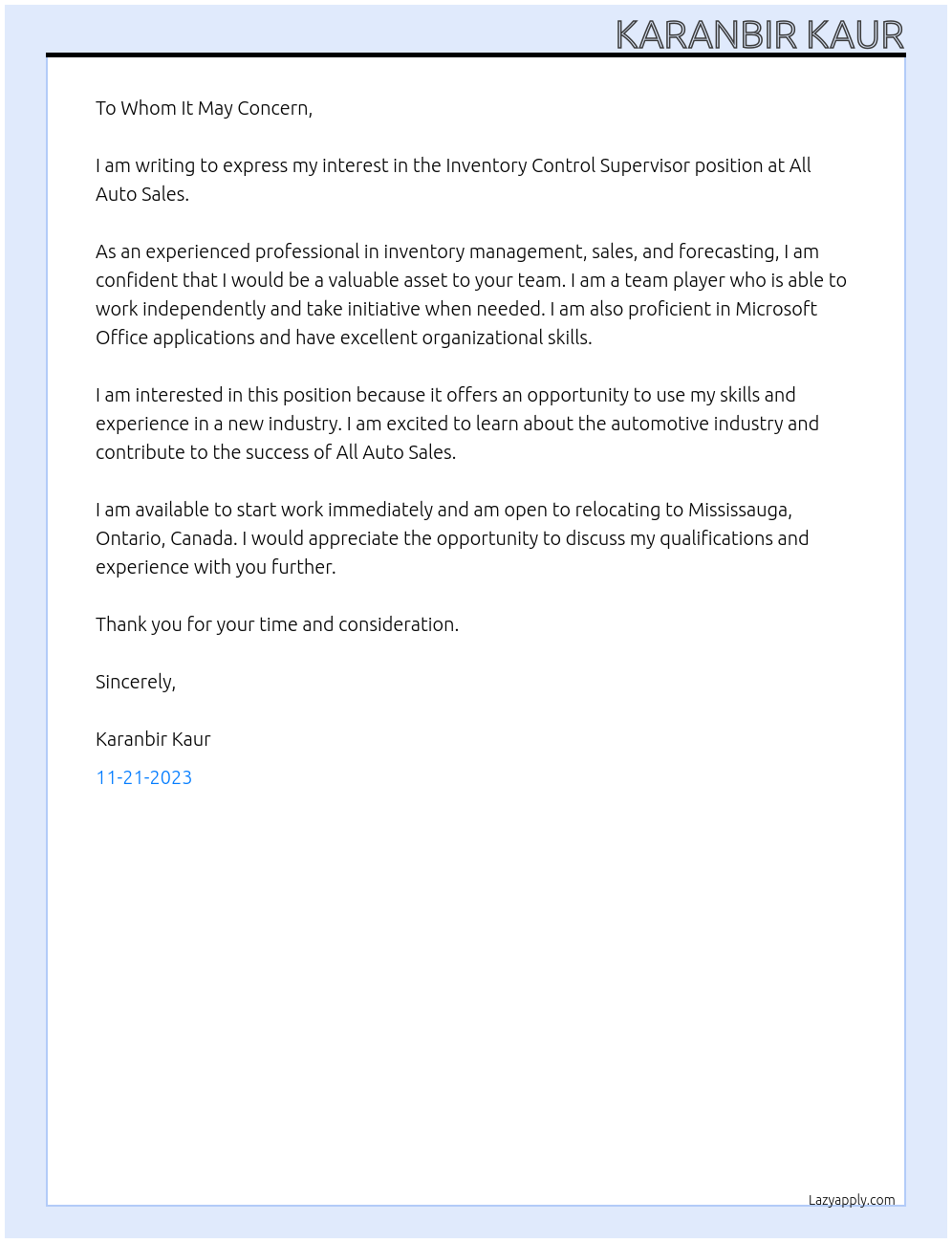 Inventory Control Supervisor At All Auto Sales Cover Letter