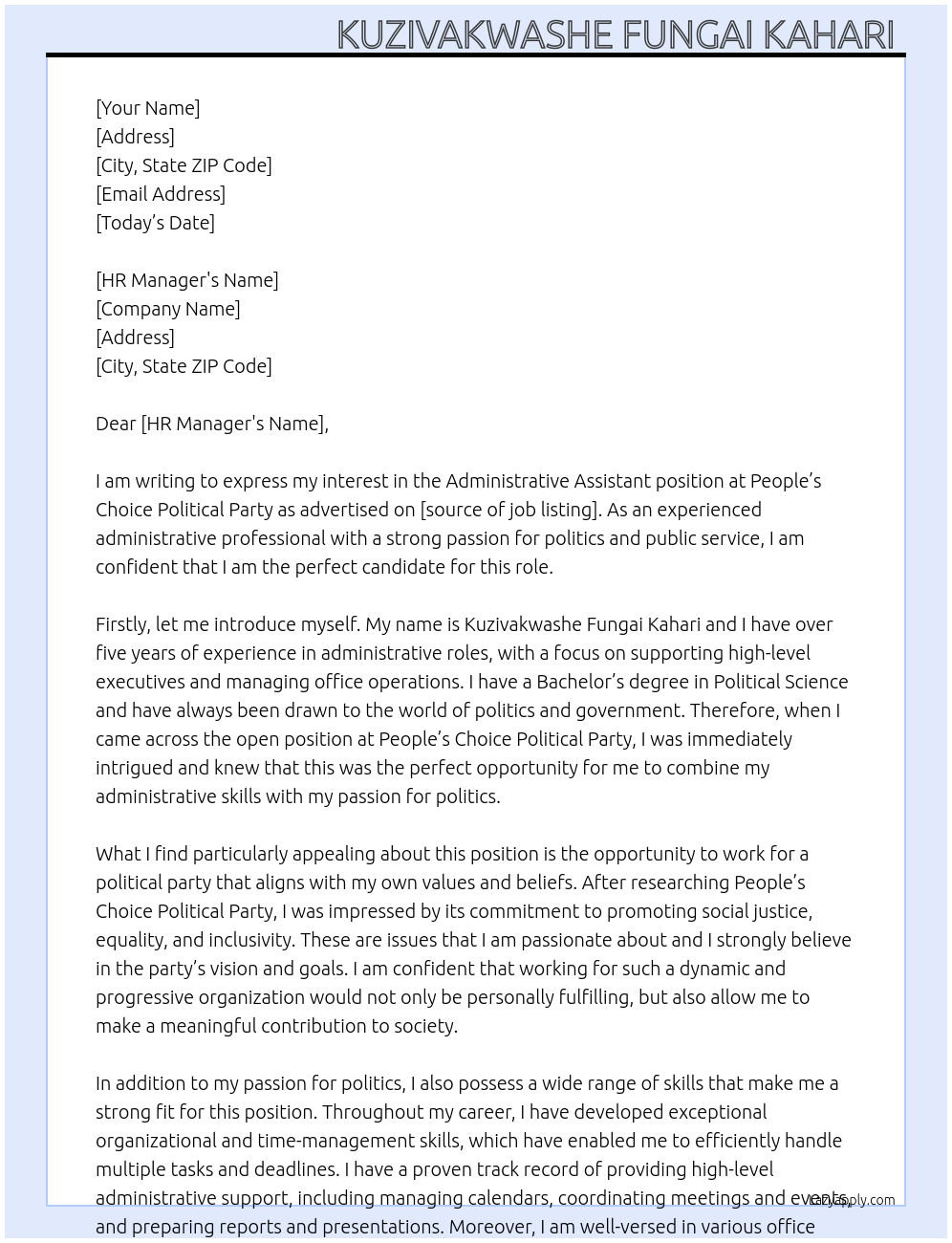 Adminstrative Assistant At People's Choice Political Party Cover Letter