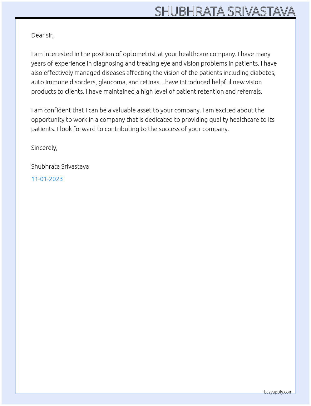 optometrist At healthcare Cover Letter