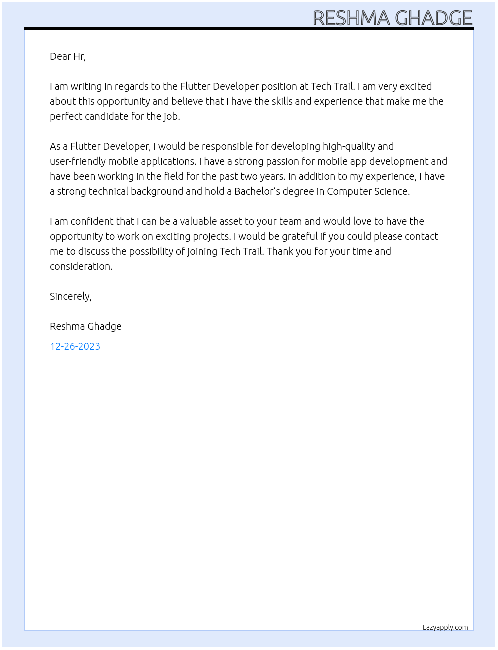 Flutter Developer At Tech Trail Cover Letter