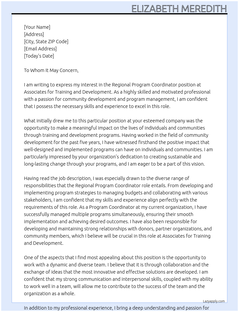 Regional Program Coordinator At Associates for Training and Development Cover Letter