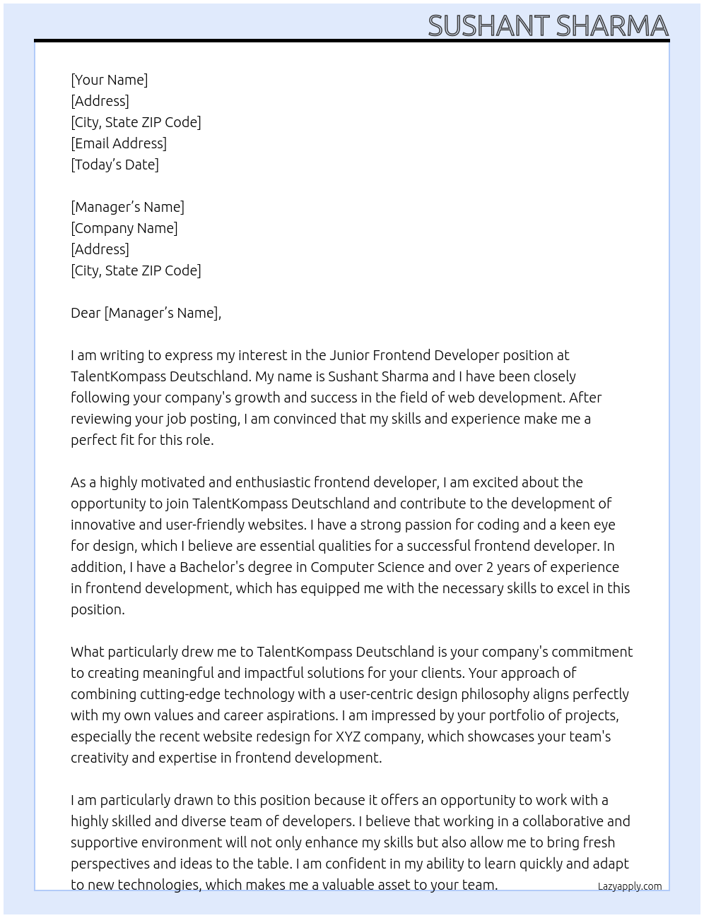 Junior Frontend Developer At TalentKompass Deutschland Cover Letter