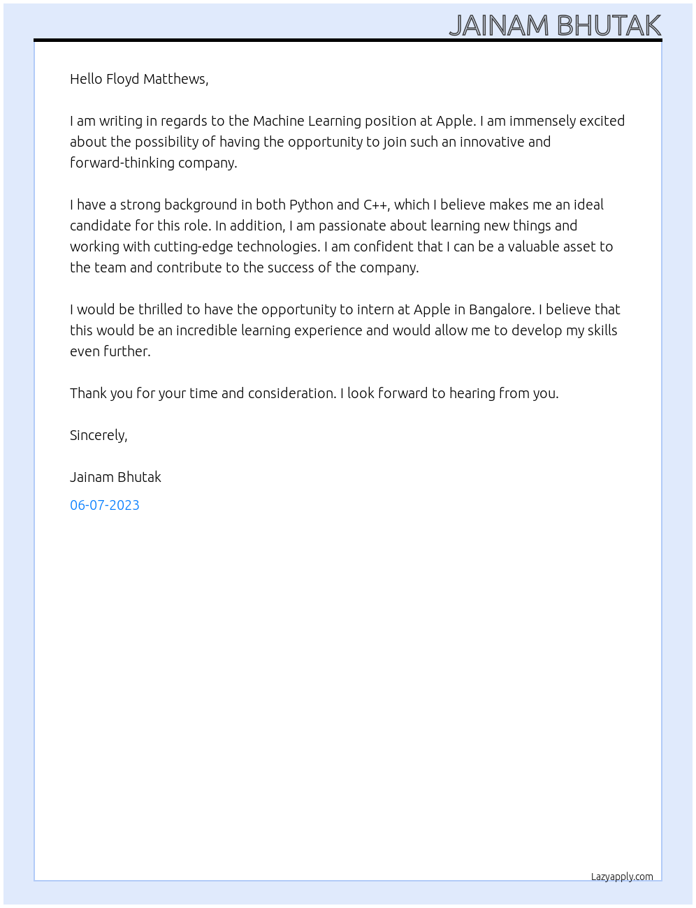 Machine Learning At Apple Cover Letter