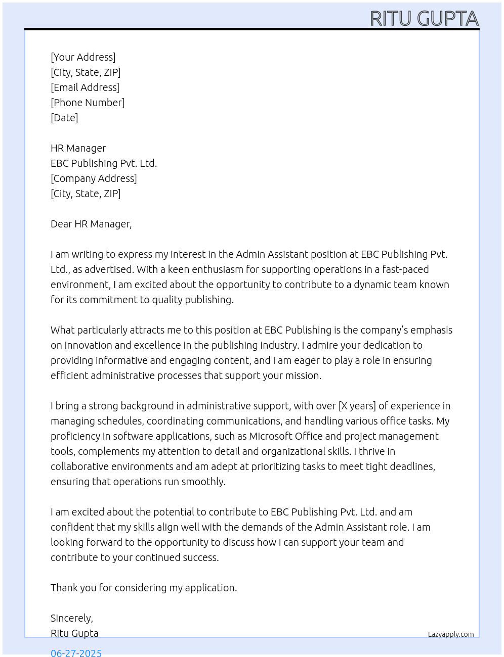 Admin assistant At EBC PUBLISHING PVT LTD Cover Letter