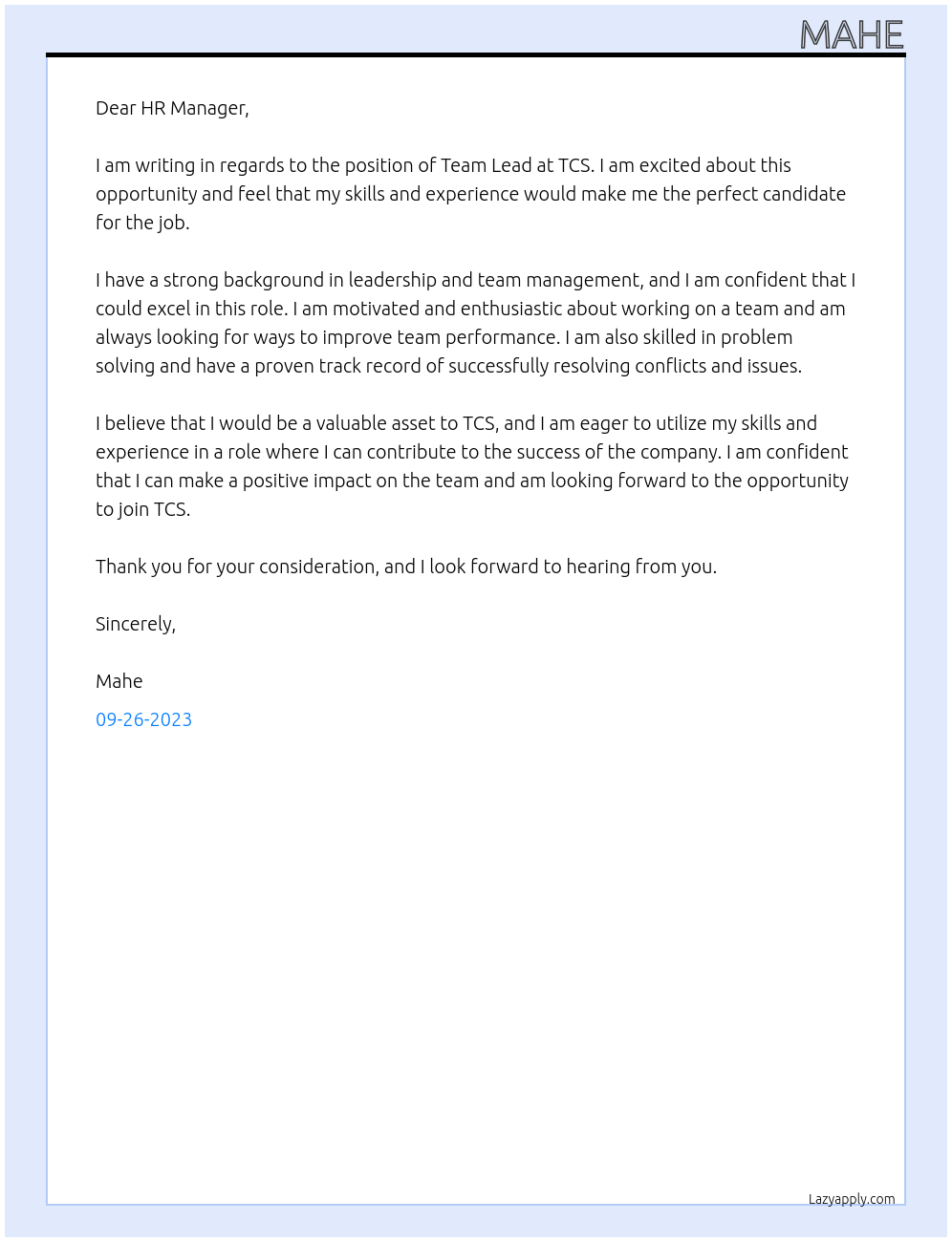 Team Lead At TCS Cover Letter