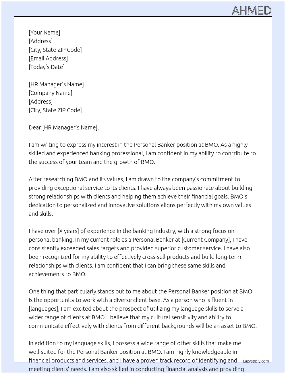 personal banker At BMO Cover Letter