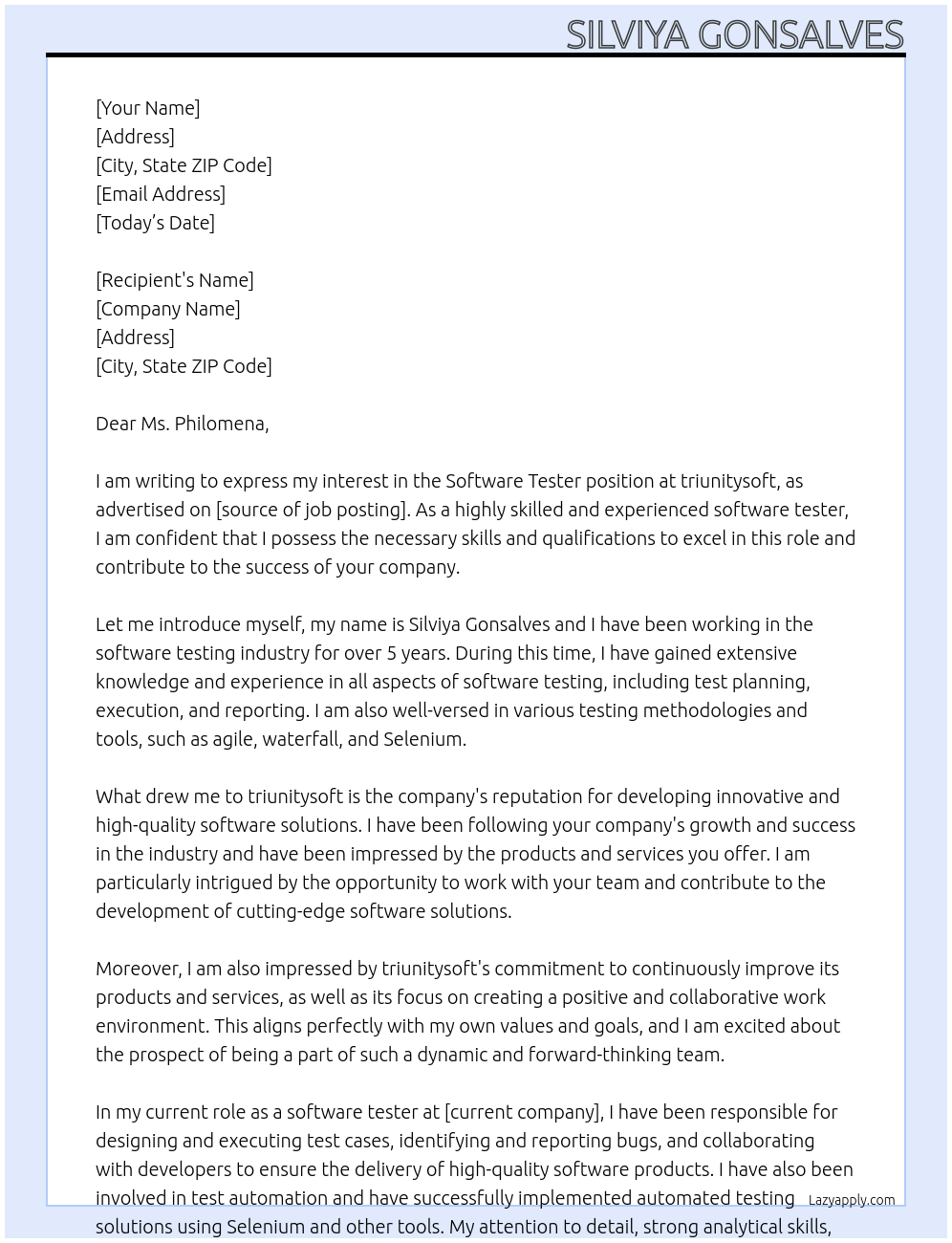 Software Tester At triunitysoft Cover Letter