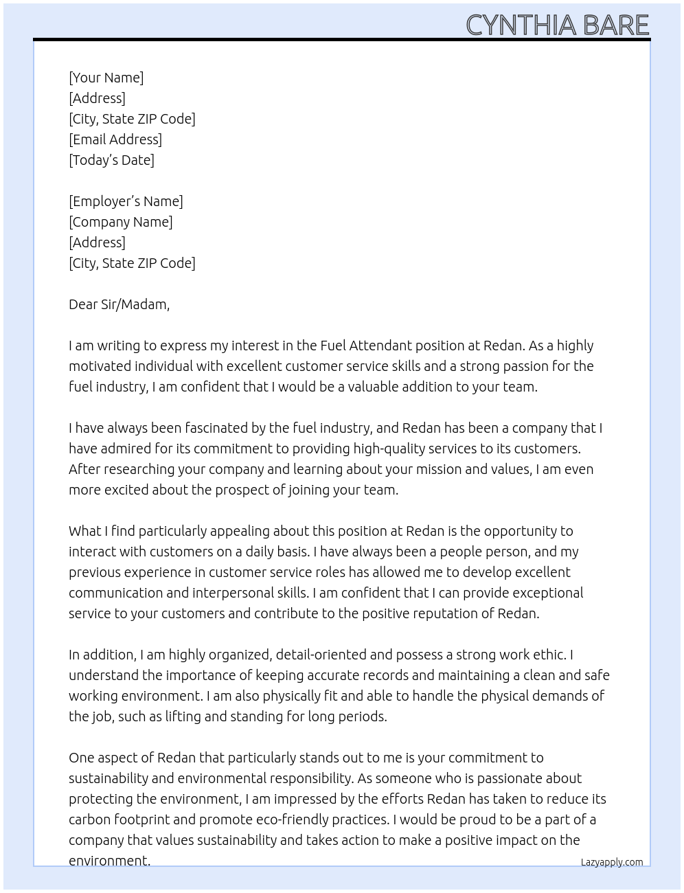 Fuel attendant At Redan Cover Letter