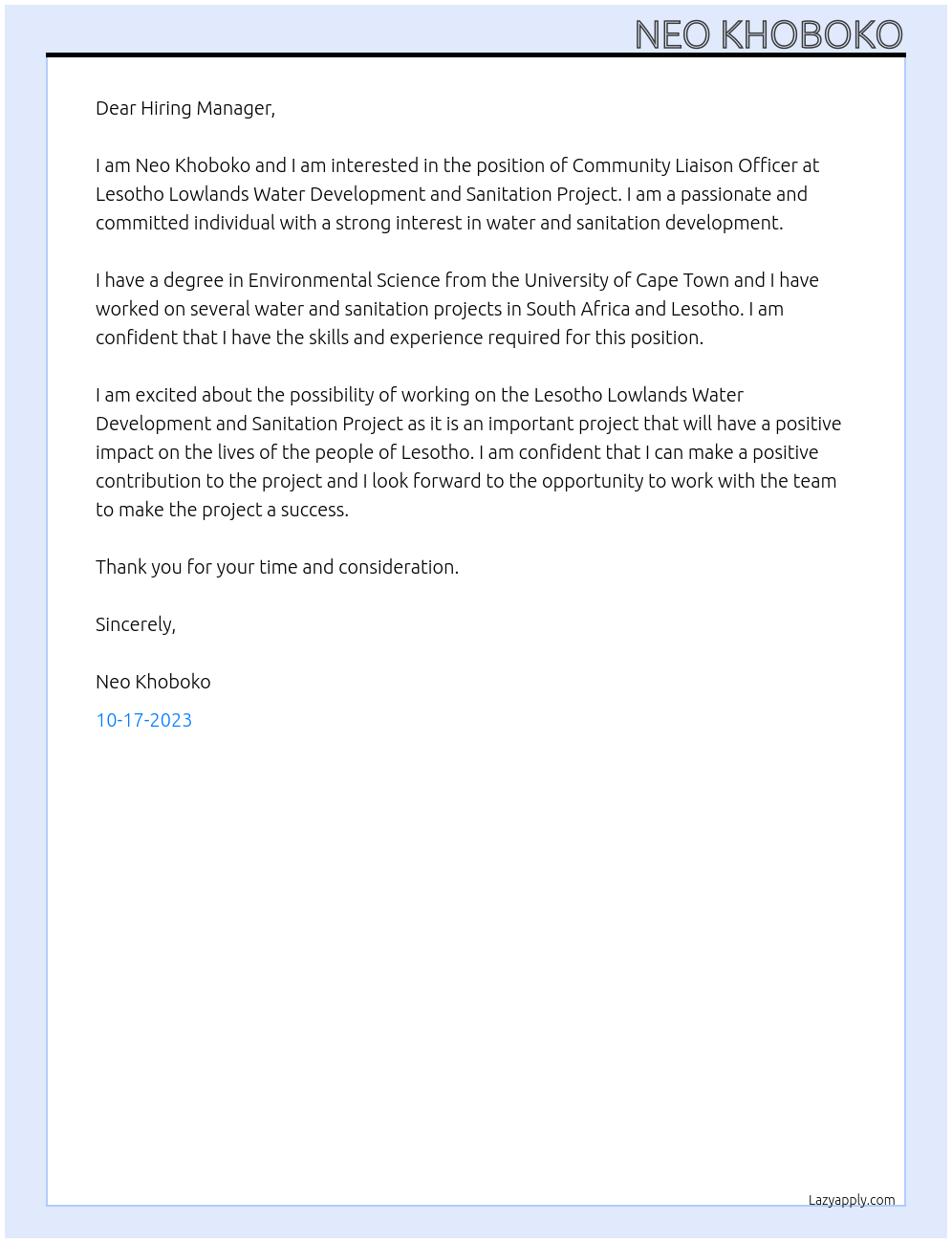 Community Liaison Officer At Lesotho Lowlands Water Development and Sanitation Project Cover Letter