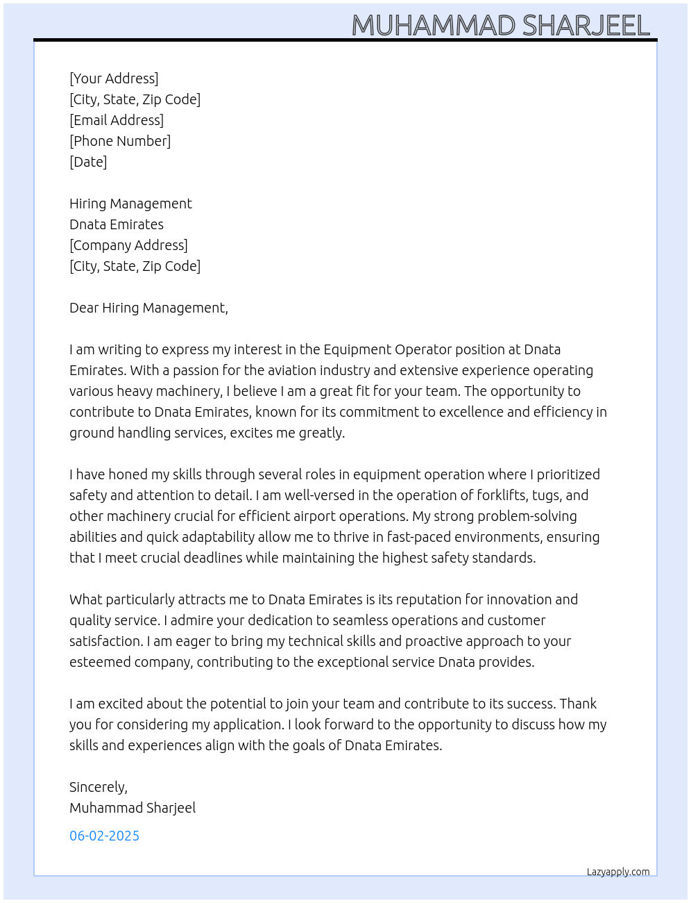 Equipment operator At Dnata Emirates Cover Letter