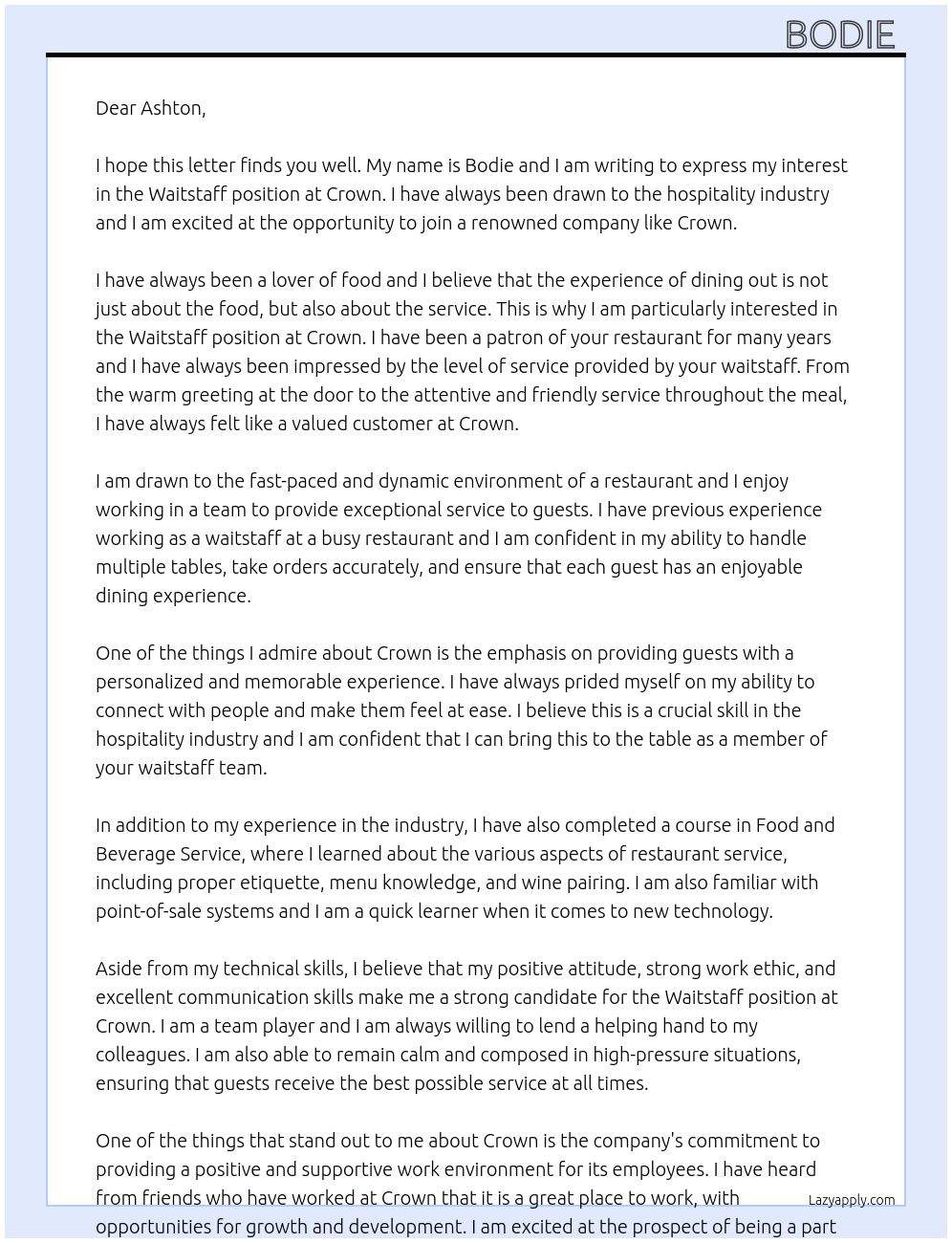 Waitstaff  At Crown Cover Letter