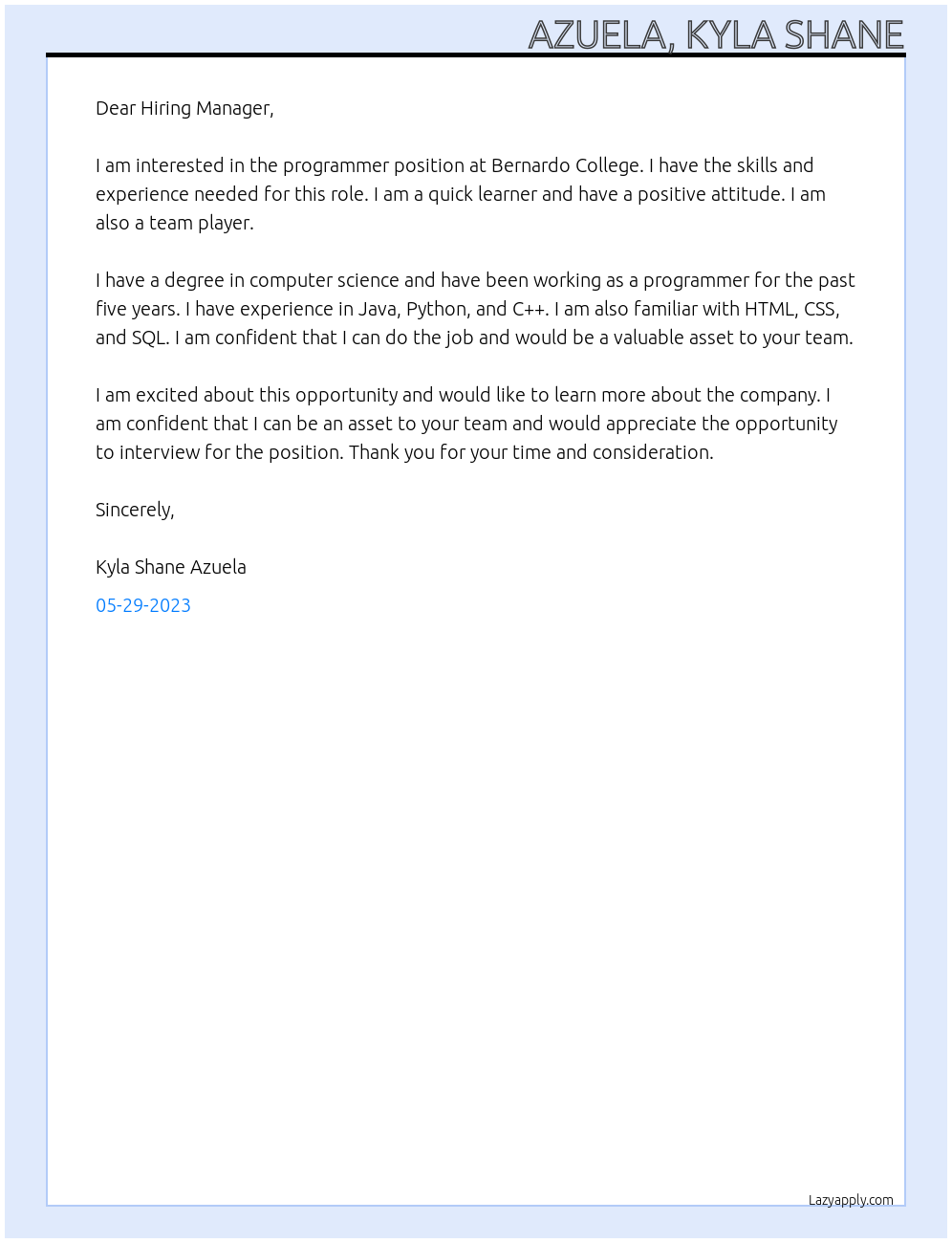 Programmer At Bernardo College Cover Letter