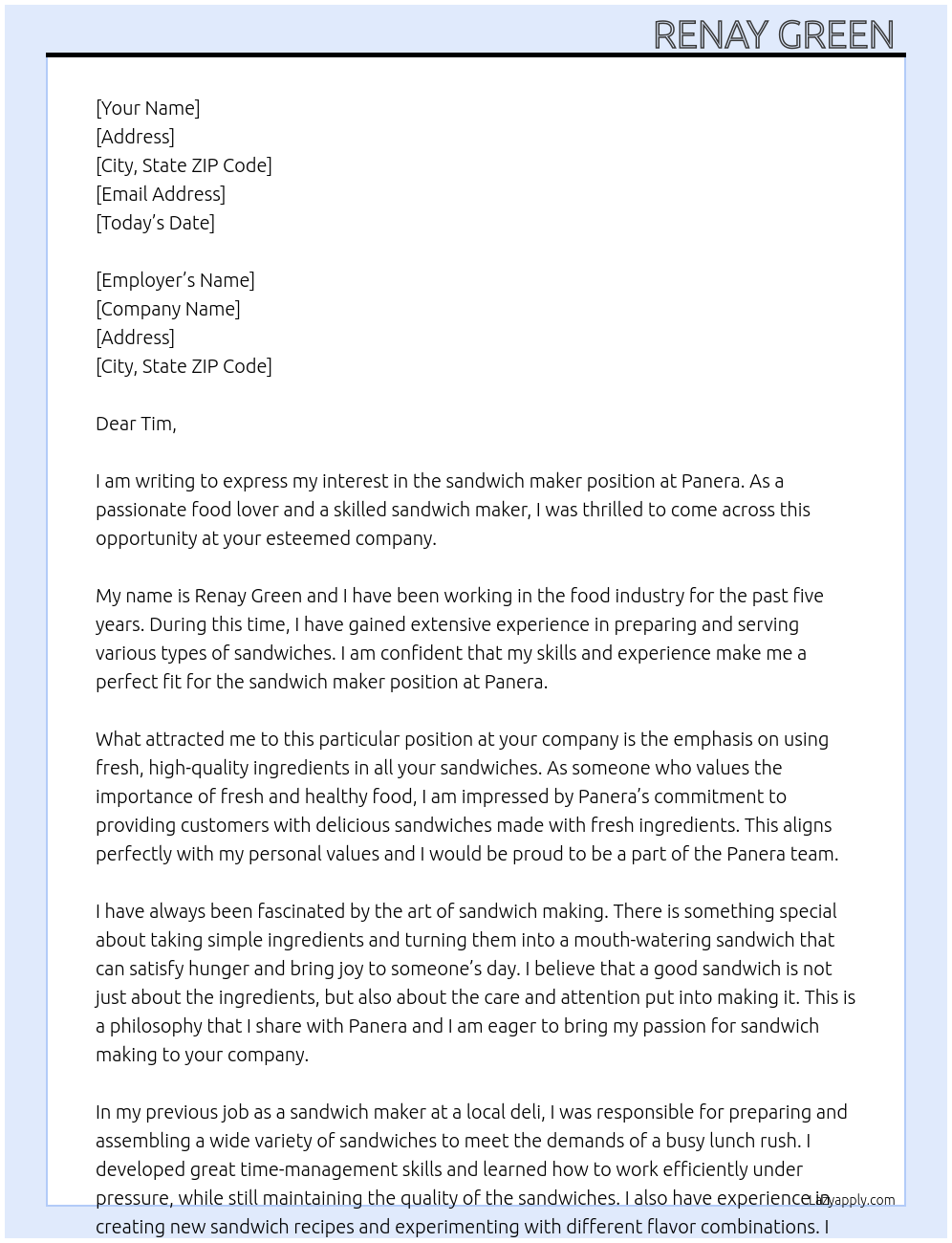 sandwich maker  At Panera  Cover Letter