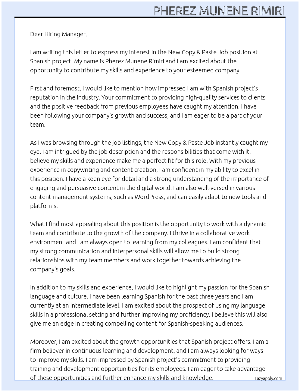 Cover letter for new copy & paste job - LazyApply