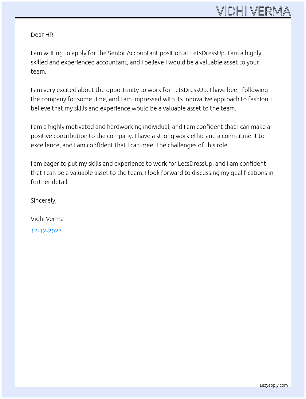 Senior Accountant At LetsDressUp Cover Letter