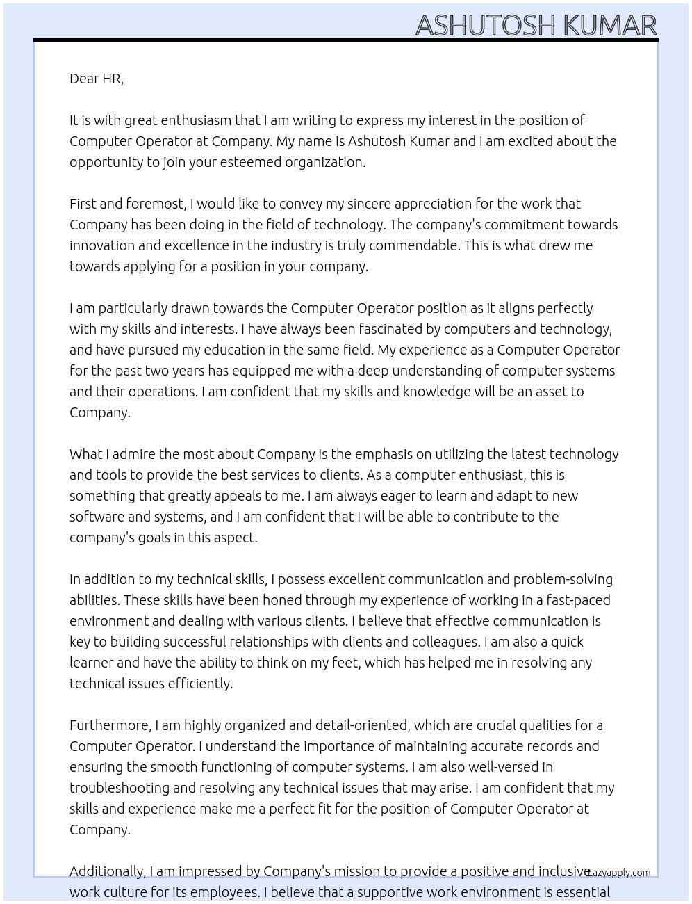 Computer operator At Company Cover Letter