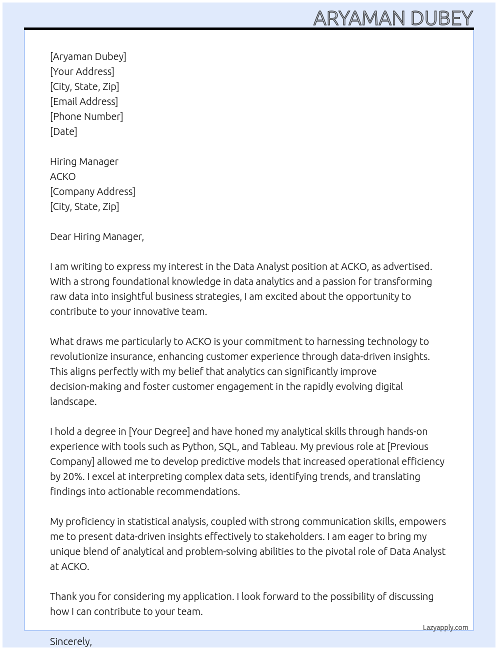 Data Analyst At ACKO Cover Letter