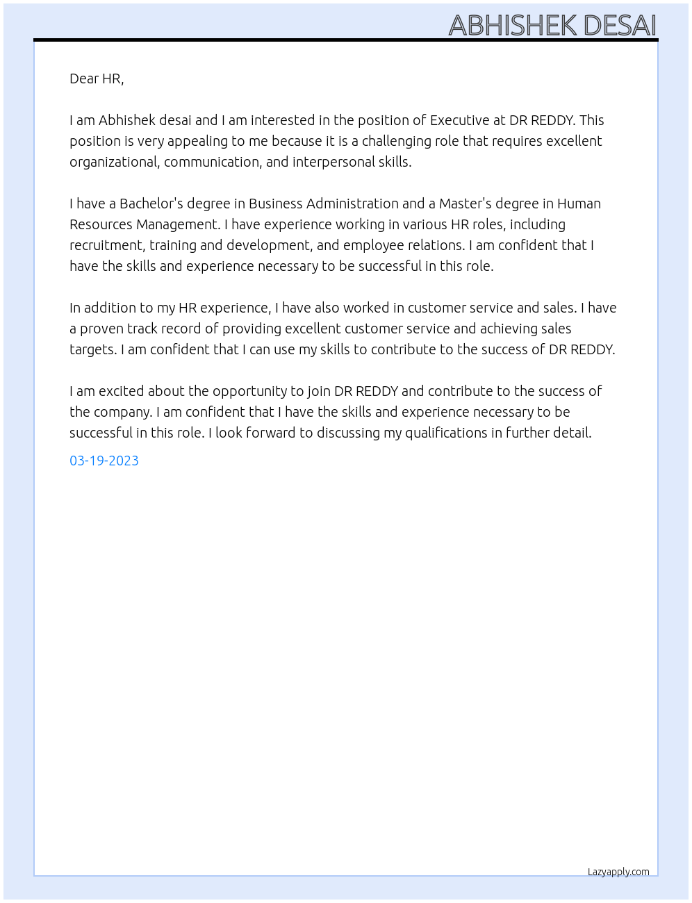 EXECUTIVE At DR REDDY Cover Letter