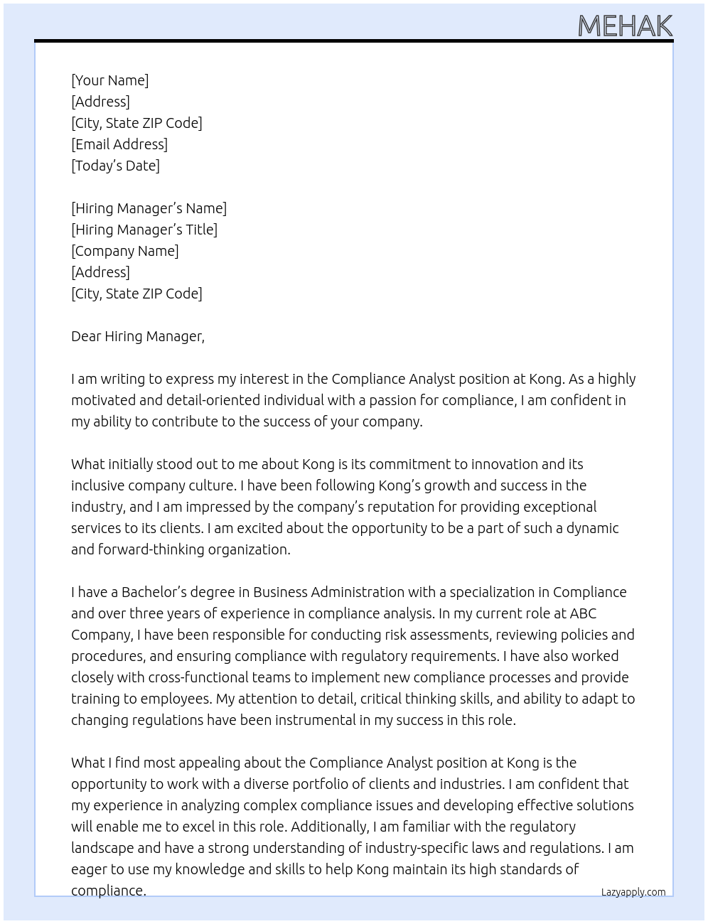 compliance analyst At Kong Cover Letter