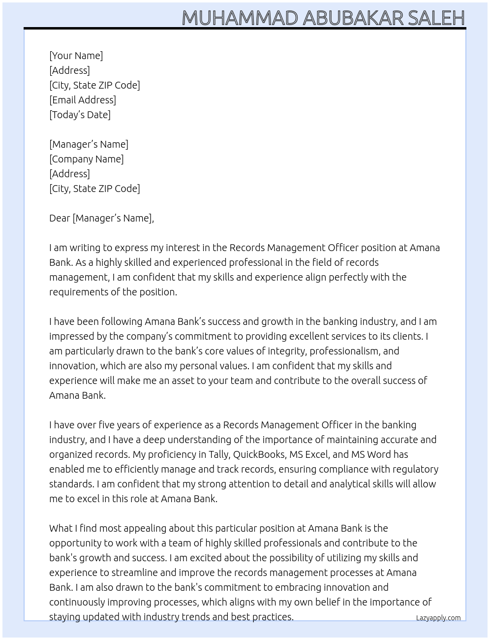 Records Management Officer At Amana bank Cover Letter