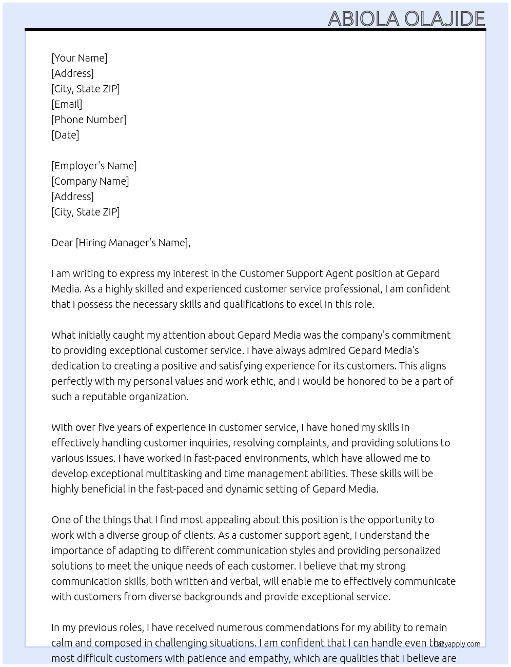 Customer Support Agent At Gepard Media Cover Letter
