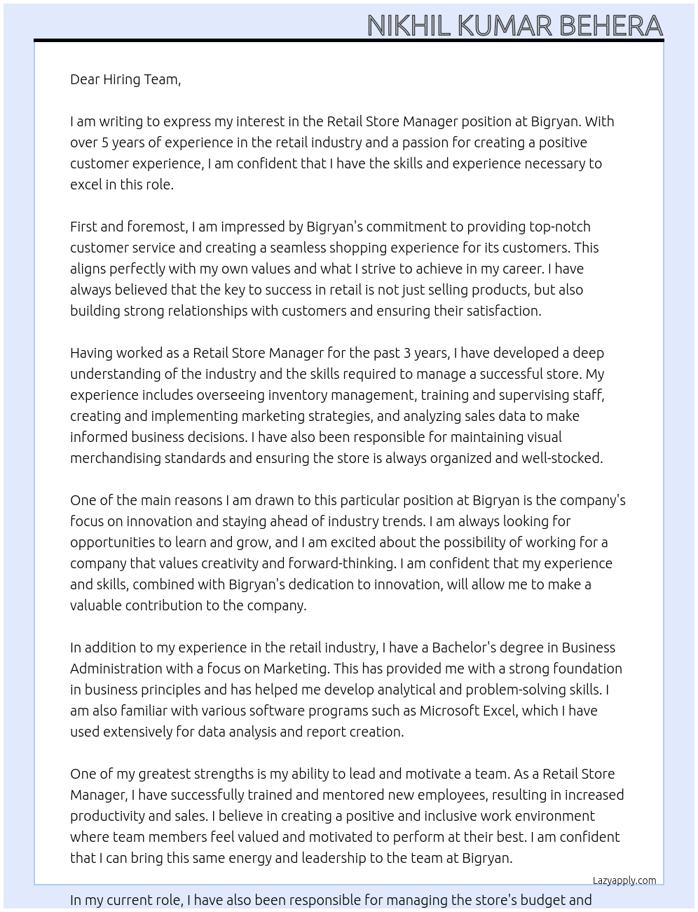 Retail Store manager At Bigryan Cover Letter