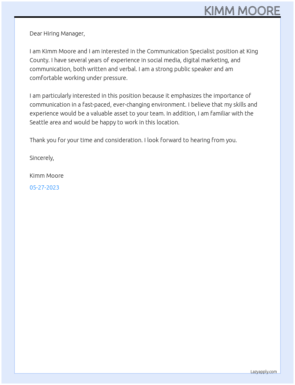 Communication Specialist At King County Cover Letter