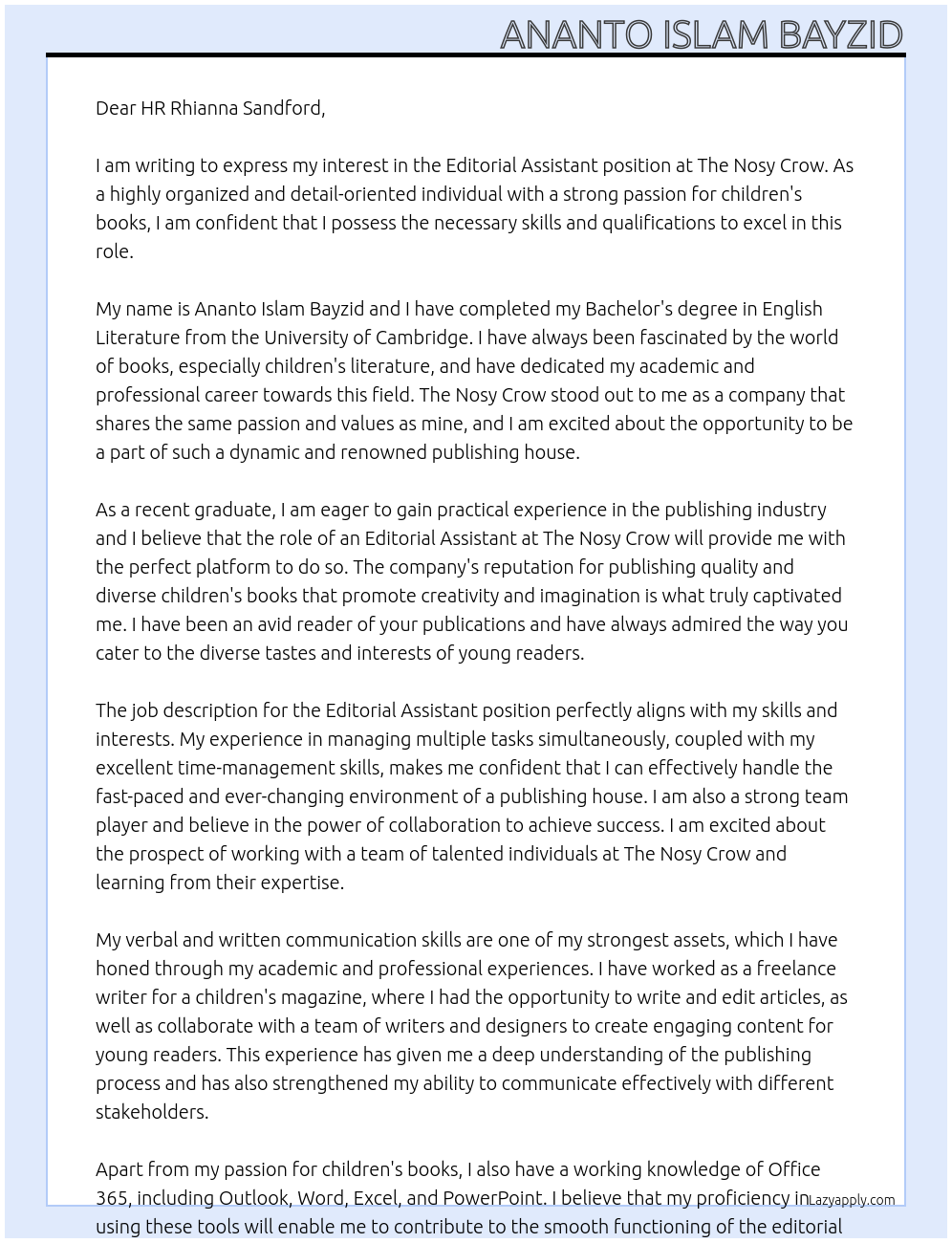 Editorial Assistant  At the Nosy Crow Cover Letter