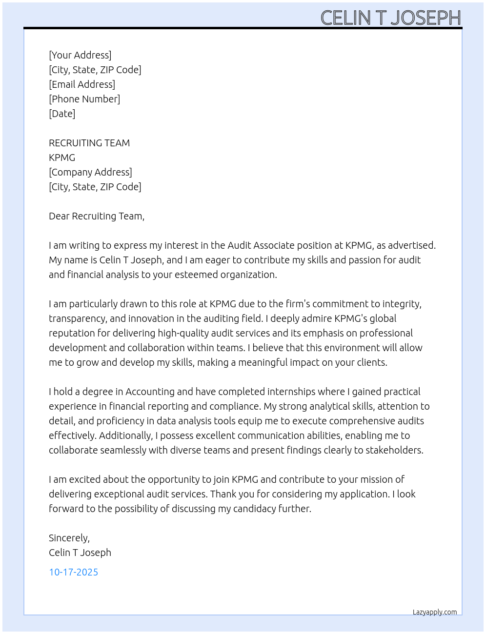 Audit Associate At KPMG  Cover Letter