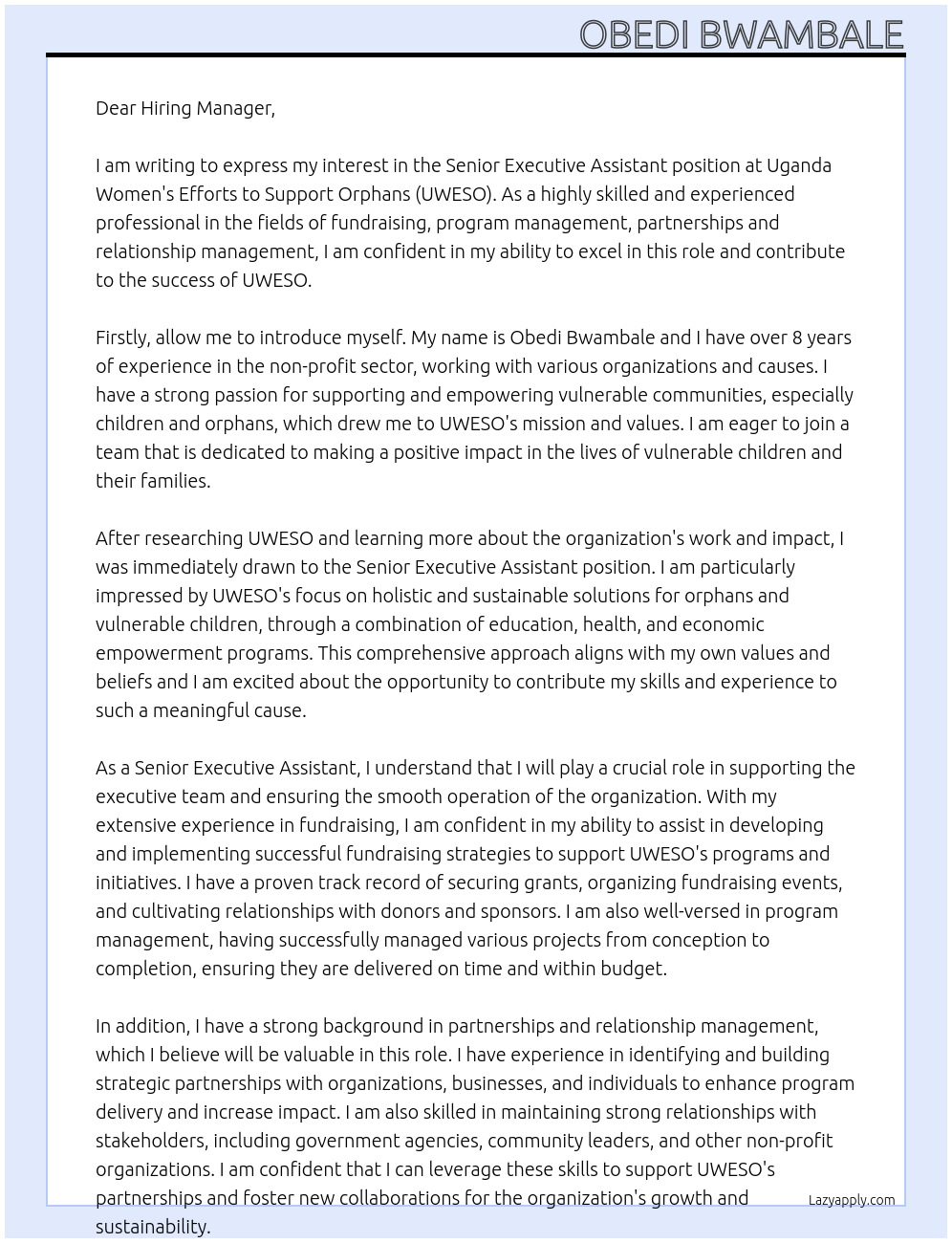 Senior Executive Assistant At Uganda Women's Efforts to support Orphans Cover Letter