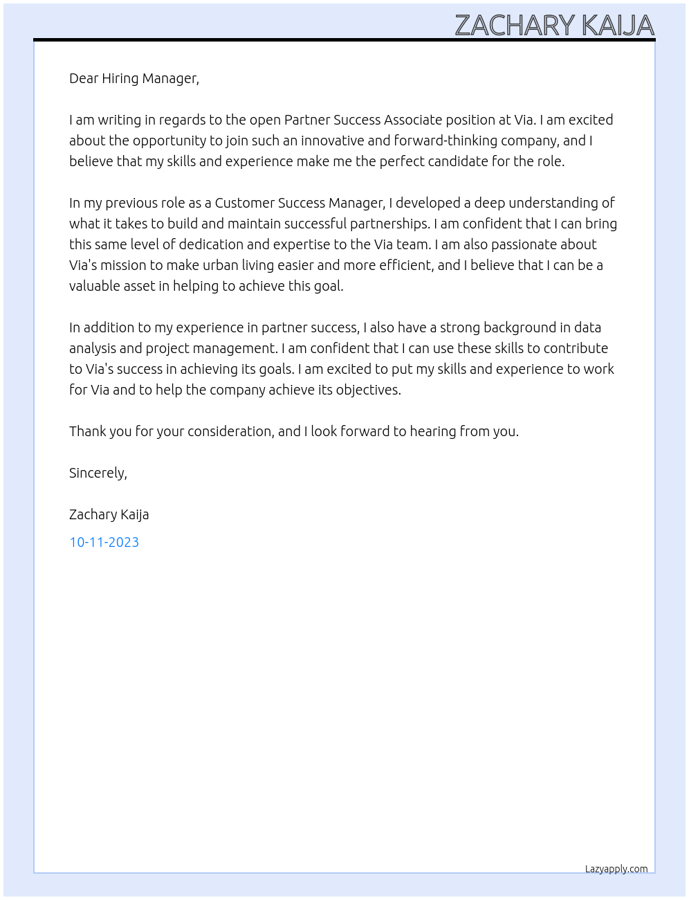 Partner Success Associate At Via Cover Letter