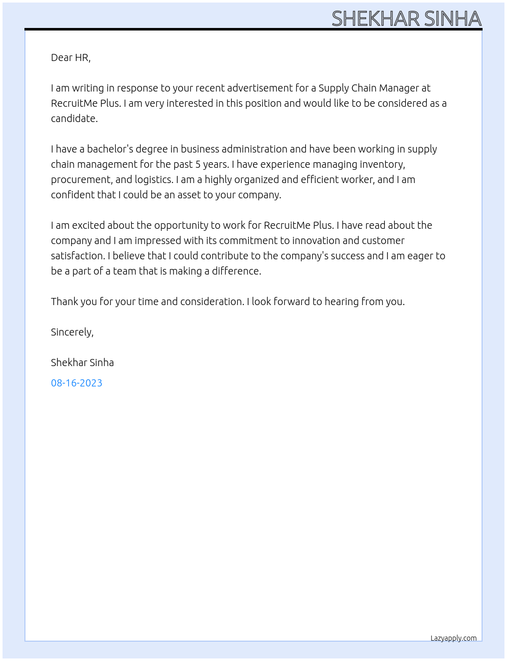 Supply Chain Manager At RecruitMe Plus Cover Letter